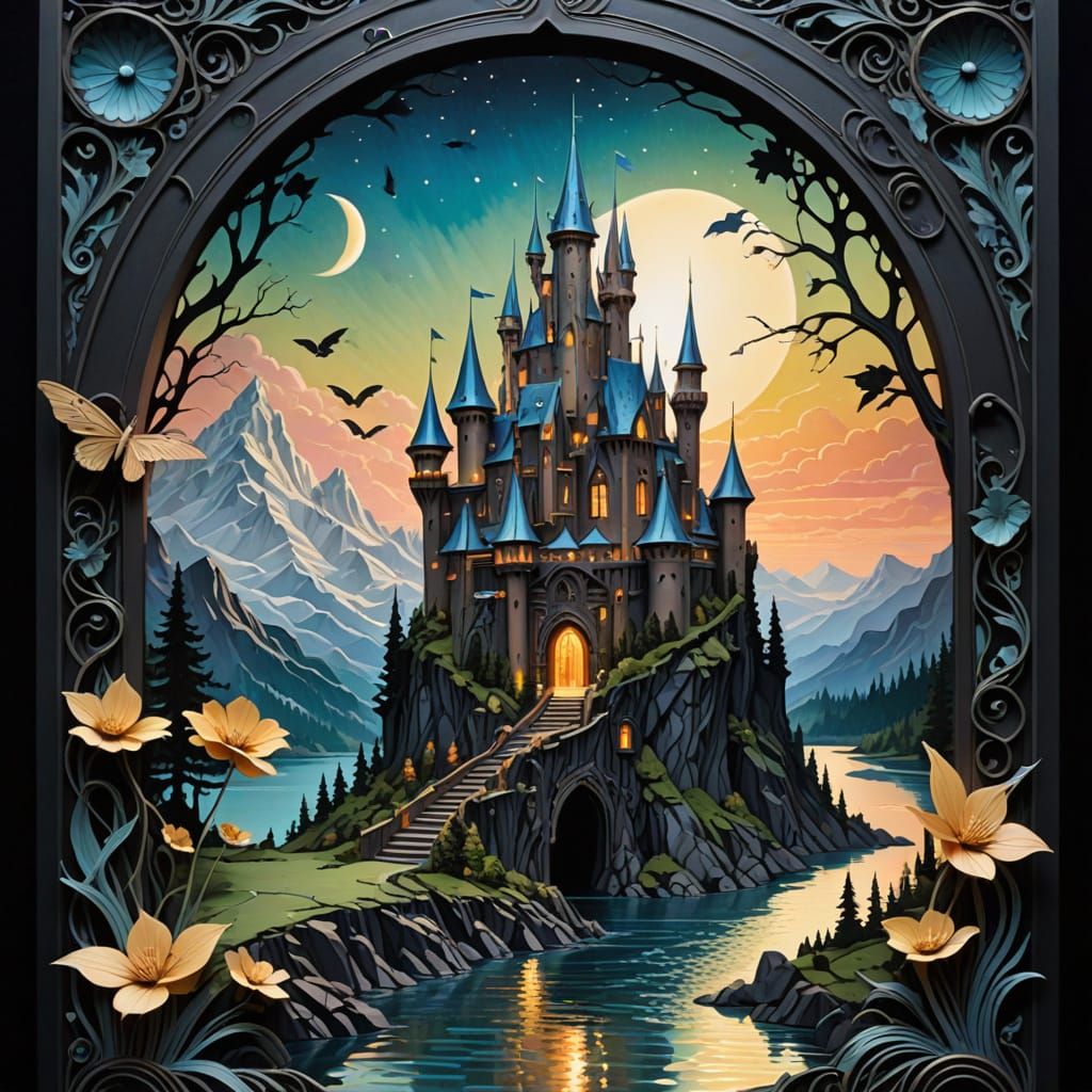 Detailed Layered Paper Castle in Art Nouveau Style