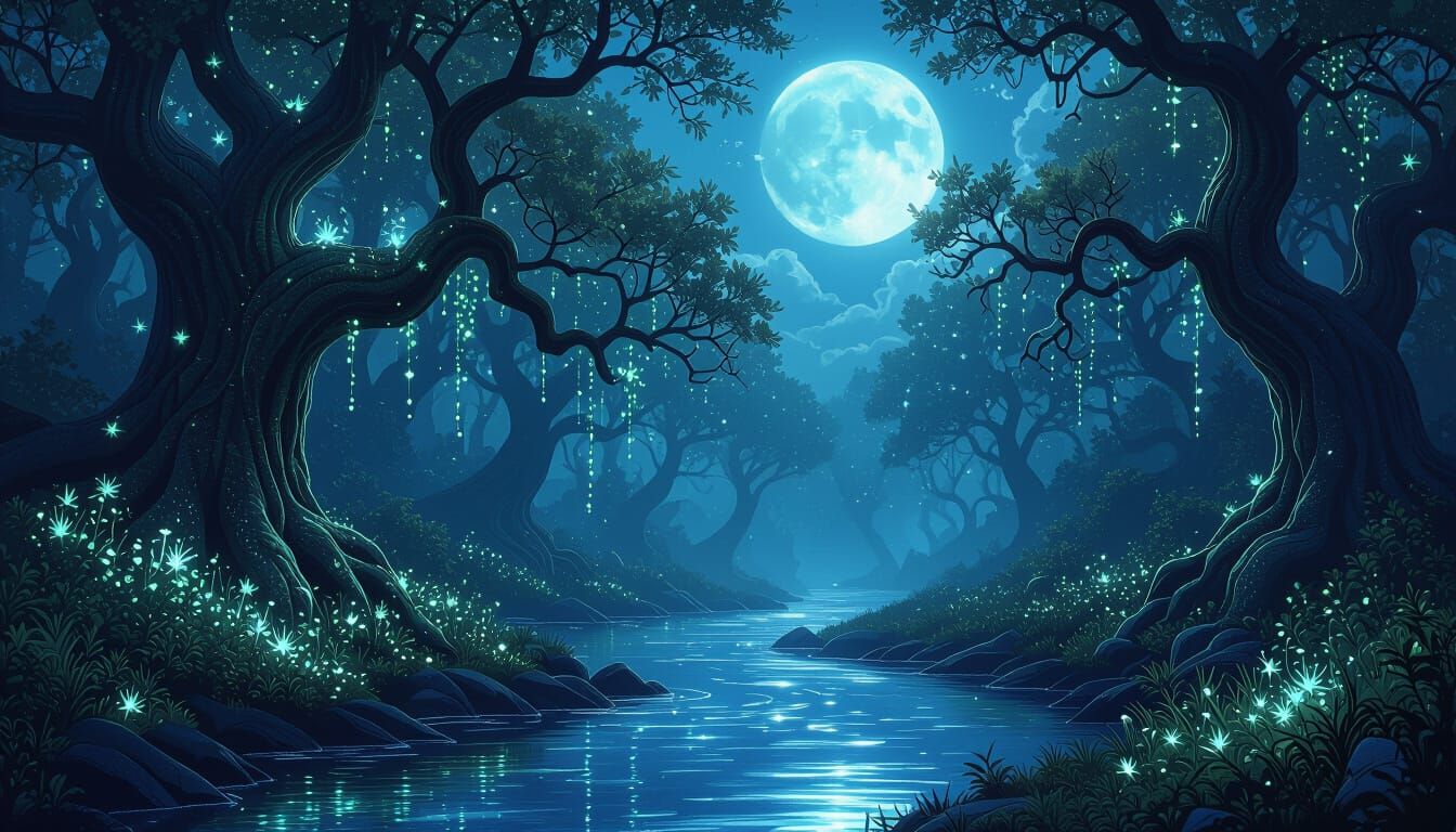 Enchanting Forest River Under Full Moon