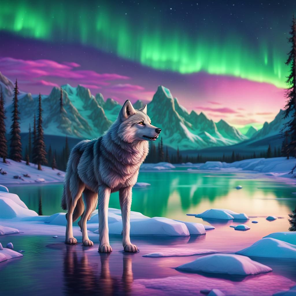 Wolf Drinking Under Aurora Borealis in Detailed Matte Painti...
