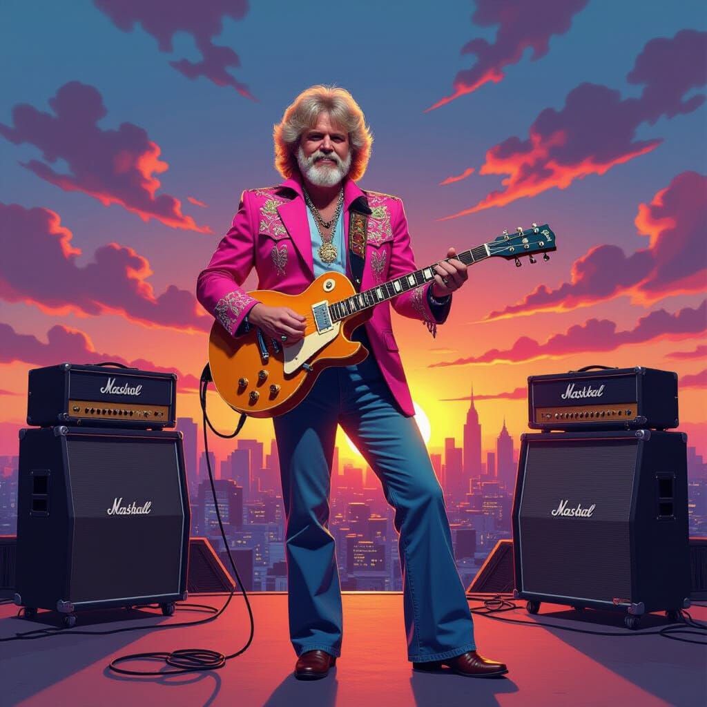 1970s Guitarist on Stage at Sunset in Album Art Style