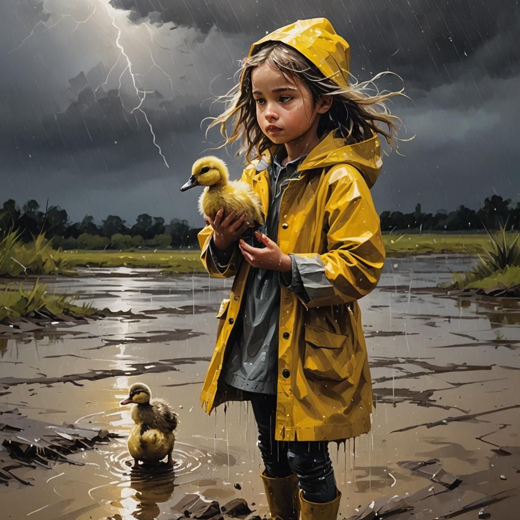 Girl with Duckling in Storm, Impressionist Gouache