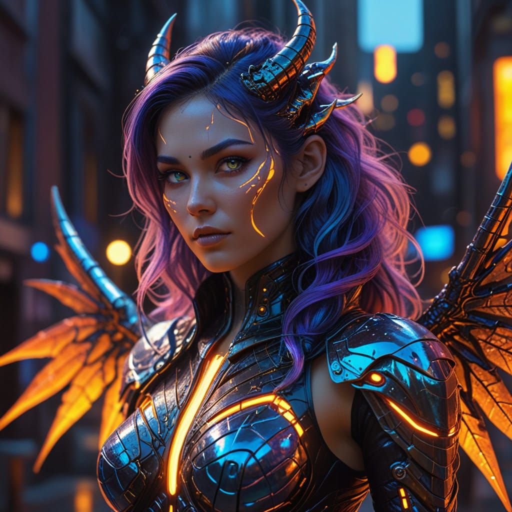 Cyberpunk Dragon Goddess Unfolds Radiant Wings