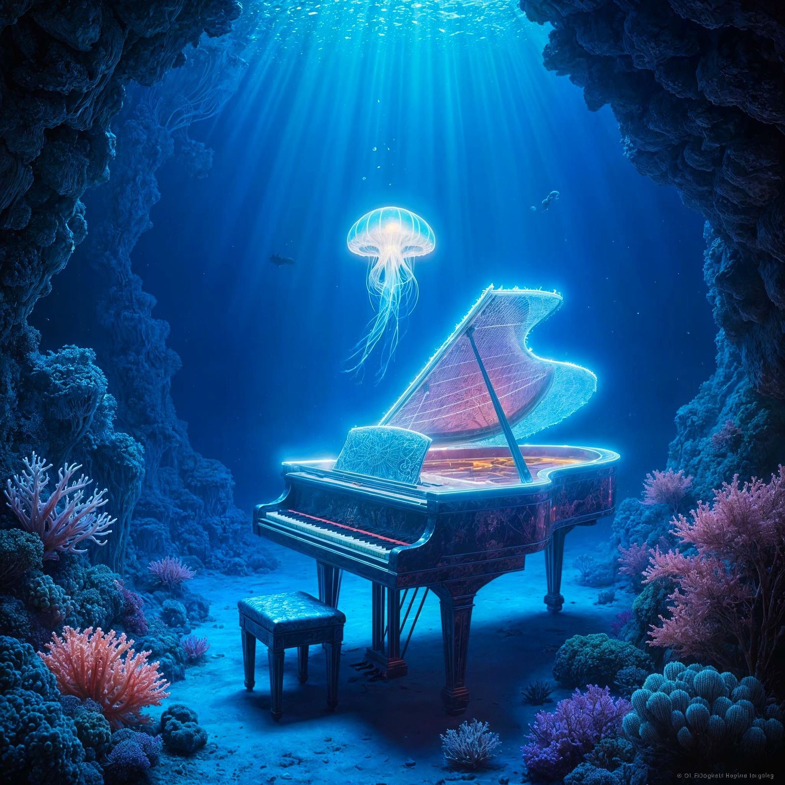 Bioluminescent Piano in Fantasy Ocean Depths