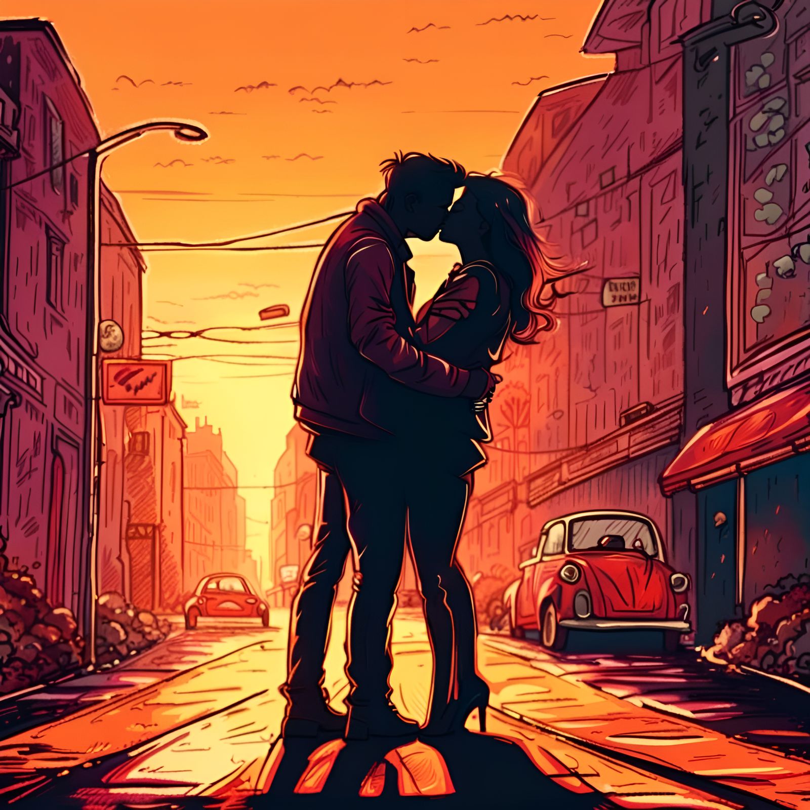 Romantic Kiss in City Street, Comic Style