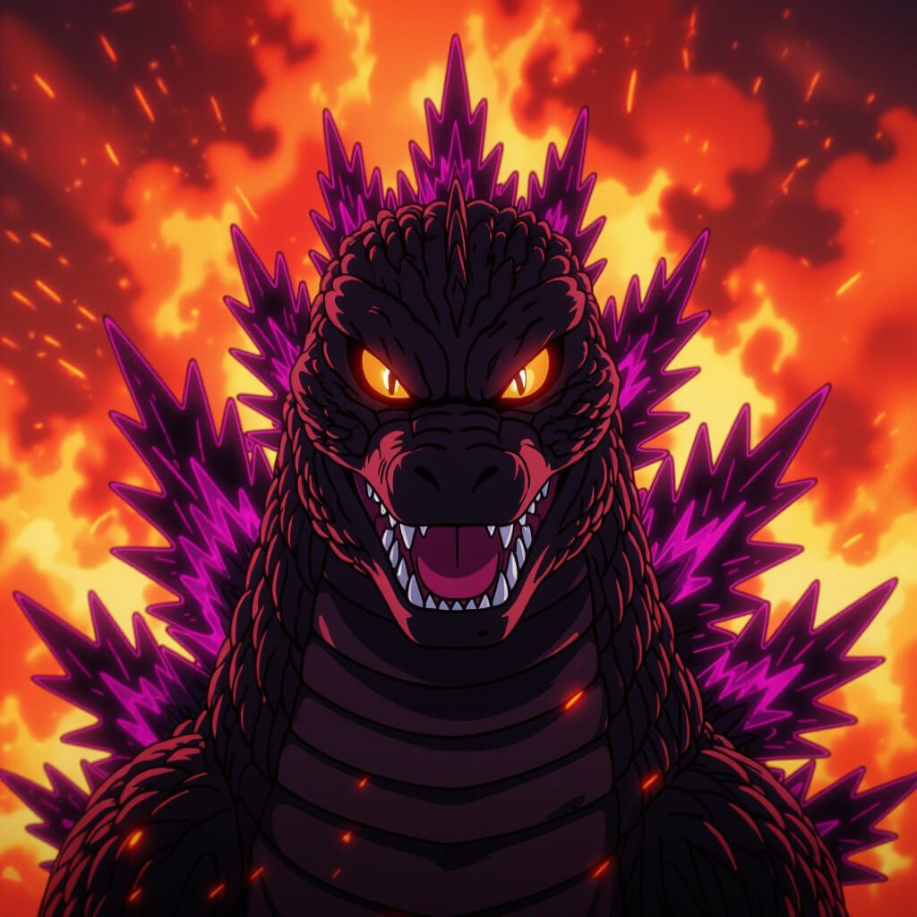 Godzilla 2000 Close Up with Magenta Flames and Fiery Eyes