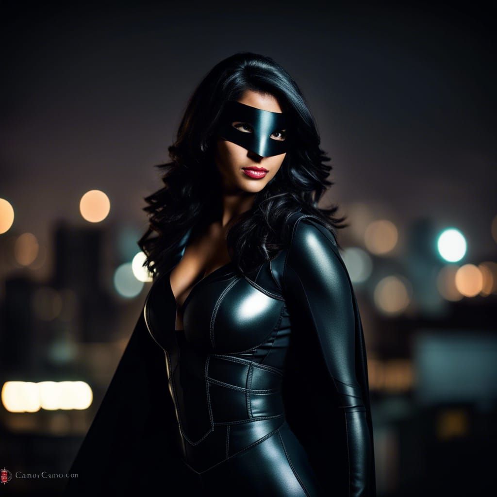Indian Superheroine in Stylish Black Suit on Rooftop