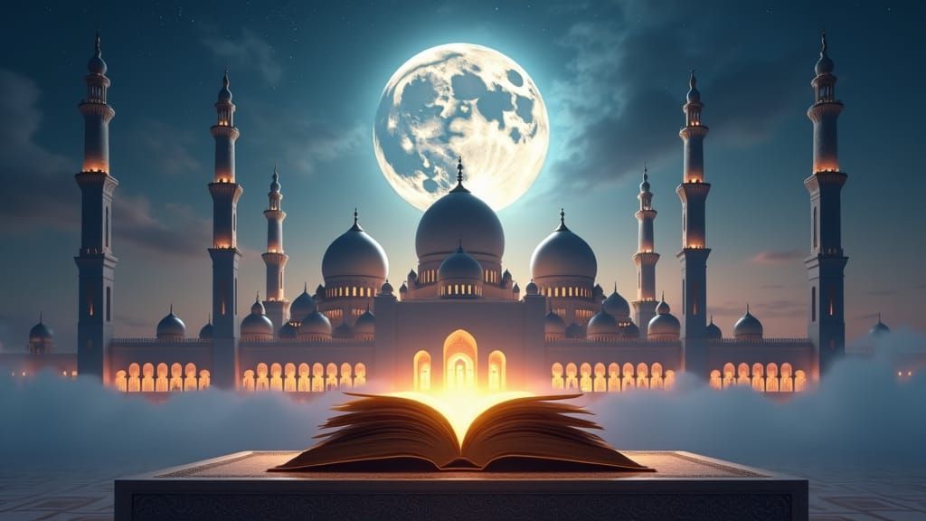 Majestic Quran Under Moonlight: a Matte Painting
