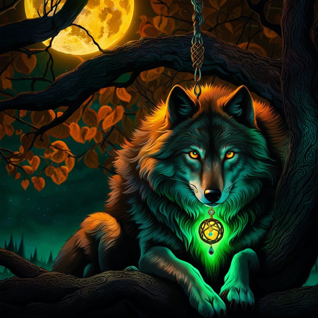 Wolf with Celtic Pendulum Under Moonlight