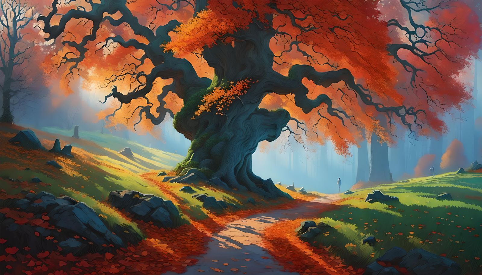 Ancient Oak in Whispering Woods: Autumnal Path