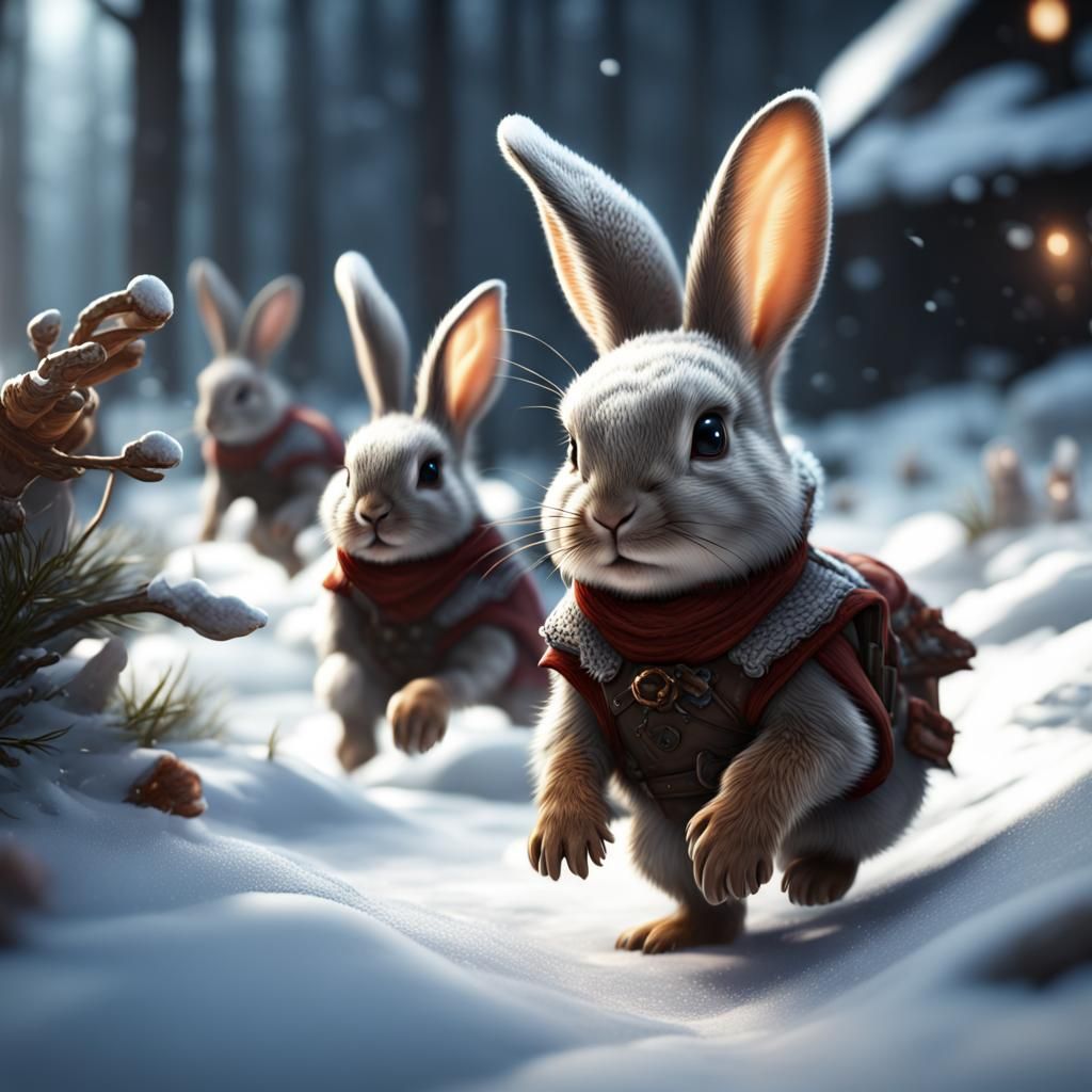 Baby Bunnies Frolic in Snowy Fantasy Landscape