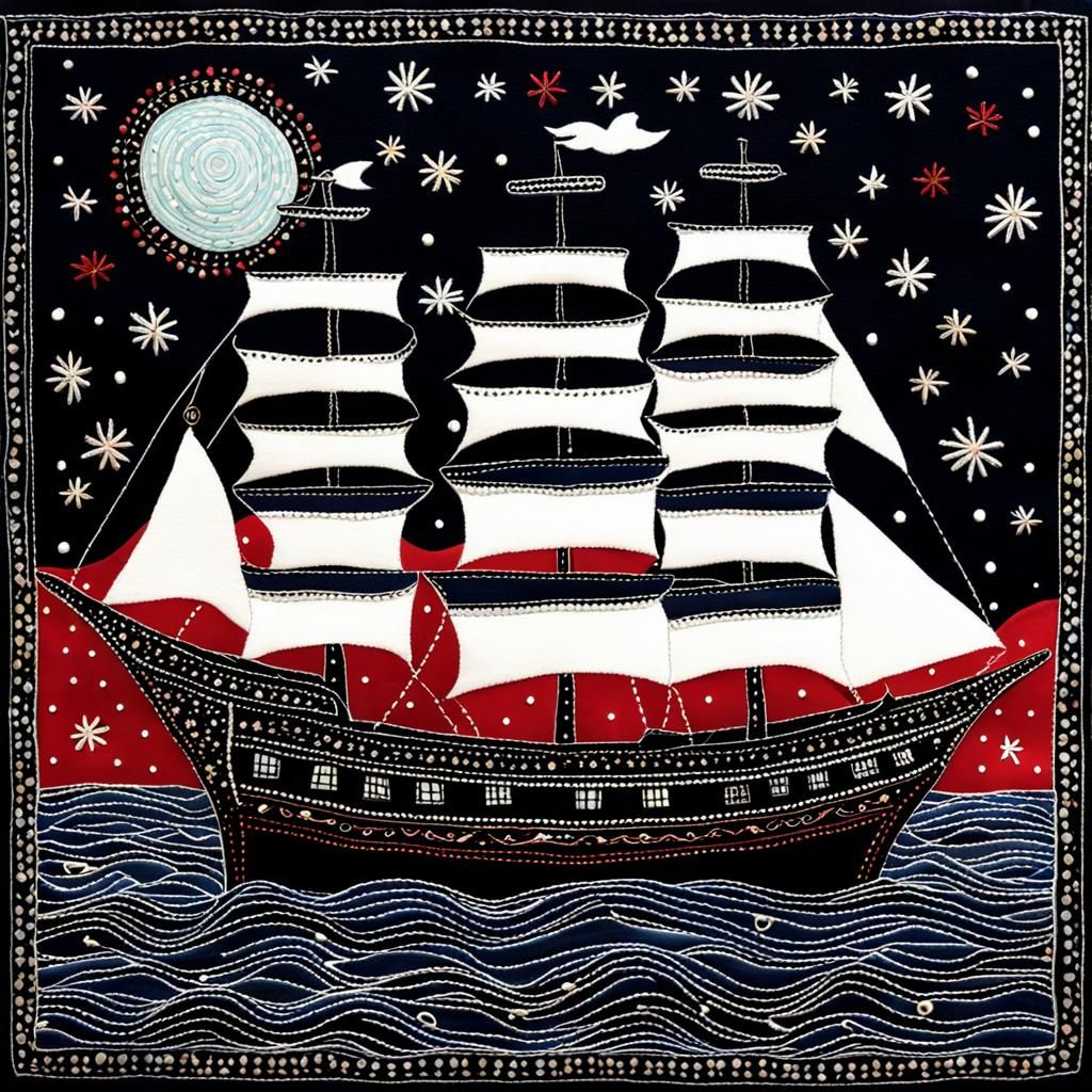 Whimsical Ship Sails in Night Sky Embroidery