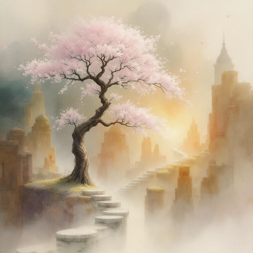 Cherry Tree Landscape in Romantic Style