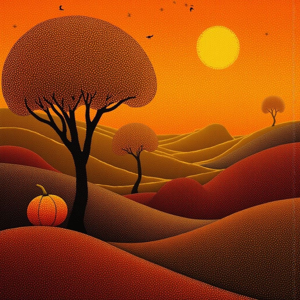 Autumnal Halloween Landscape in Pointillism Style