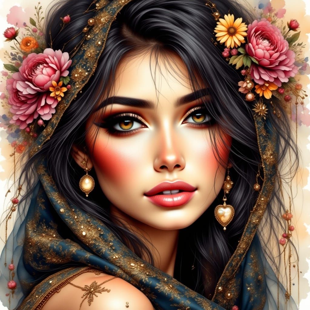 watercolour art. Close-up portrait.  arabic woman