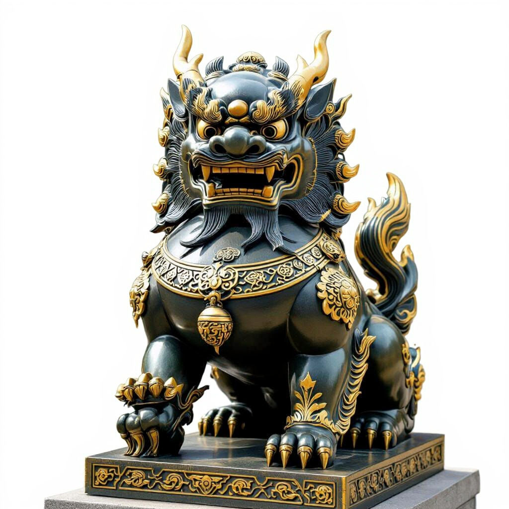 Bronze Foo Dog in Chinese Temple, Ornate Details