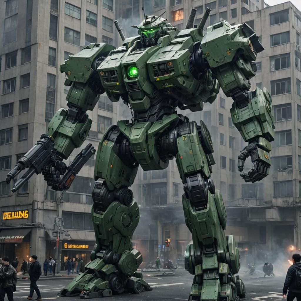 Giant Mecha in Cityscape with Gatling Gun