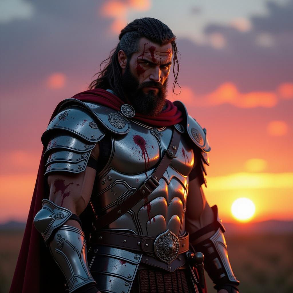 Heroic Ancient Warrior in Silver Armor at Sunset