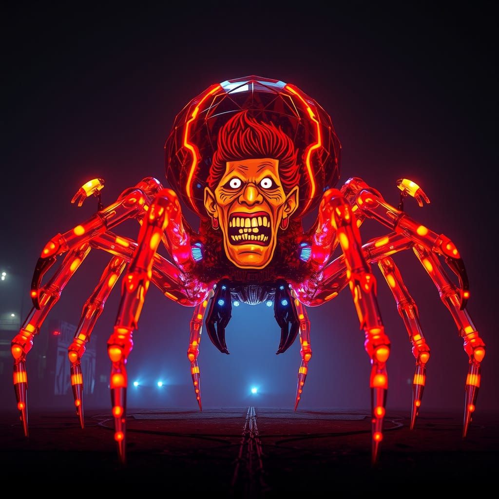 Glowing Glass Spider with Troll Face in Neon-Lit Dark Fantas...