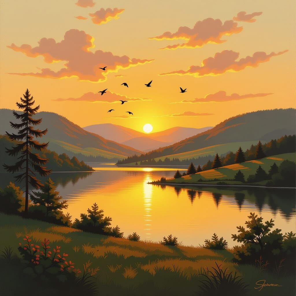 Sunset Forest Landscape in Impressionistic Oil Painting Styl...