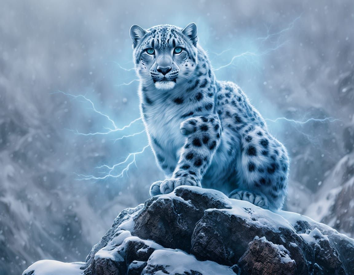 Electric Snow Leopard in Blizzard, Ethereal Fantasy