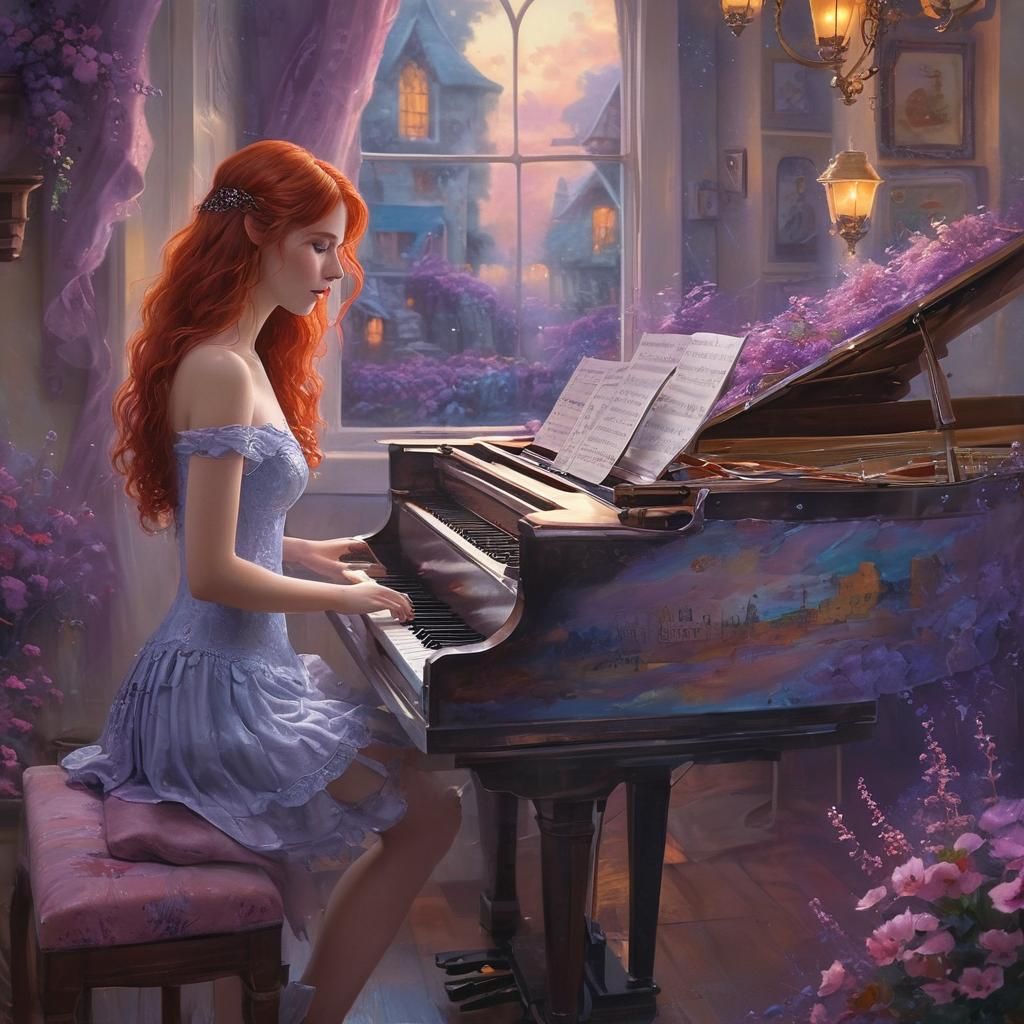 Ethereal Piano Player in Magical Village