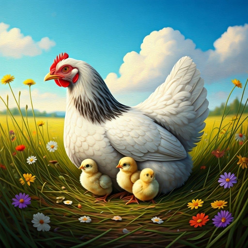 Hen and Chicks in Sunlit Meadow, Oil Painting