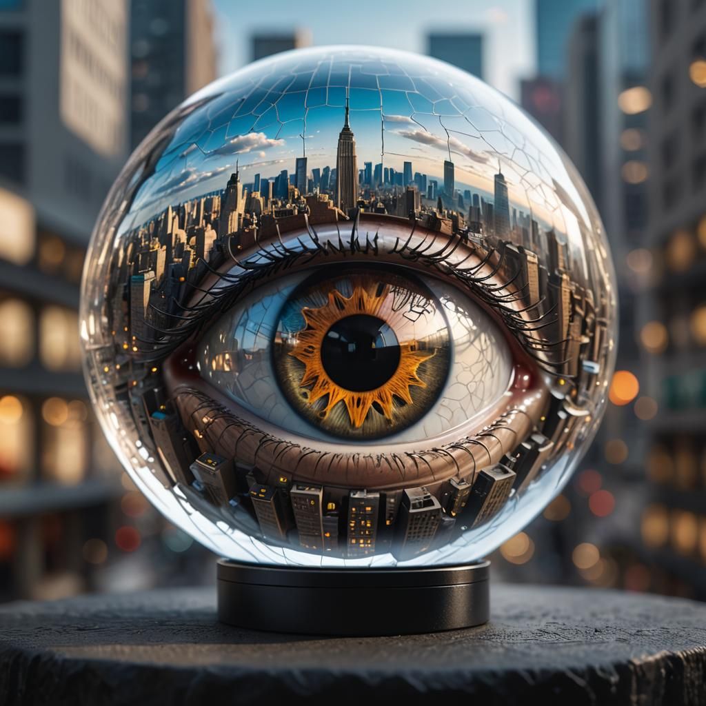 Surreal Eye Reflecting Cityscape in Hyperrealistic Style