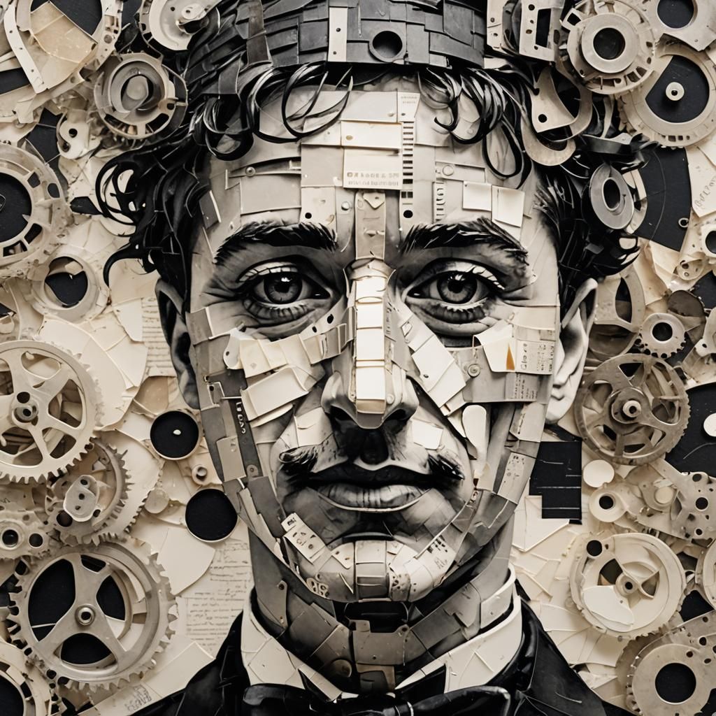 A striking black and white artwork of a Charlie Chaplin port...