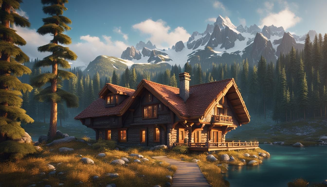 Charming Chalet in Pine Forest: Fantasy Matte Painting