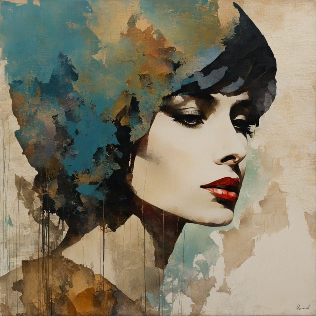 Mixed Media Portrait in Textured Layers as Abstract Collage