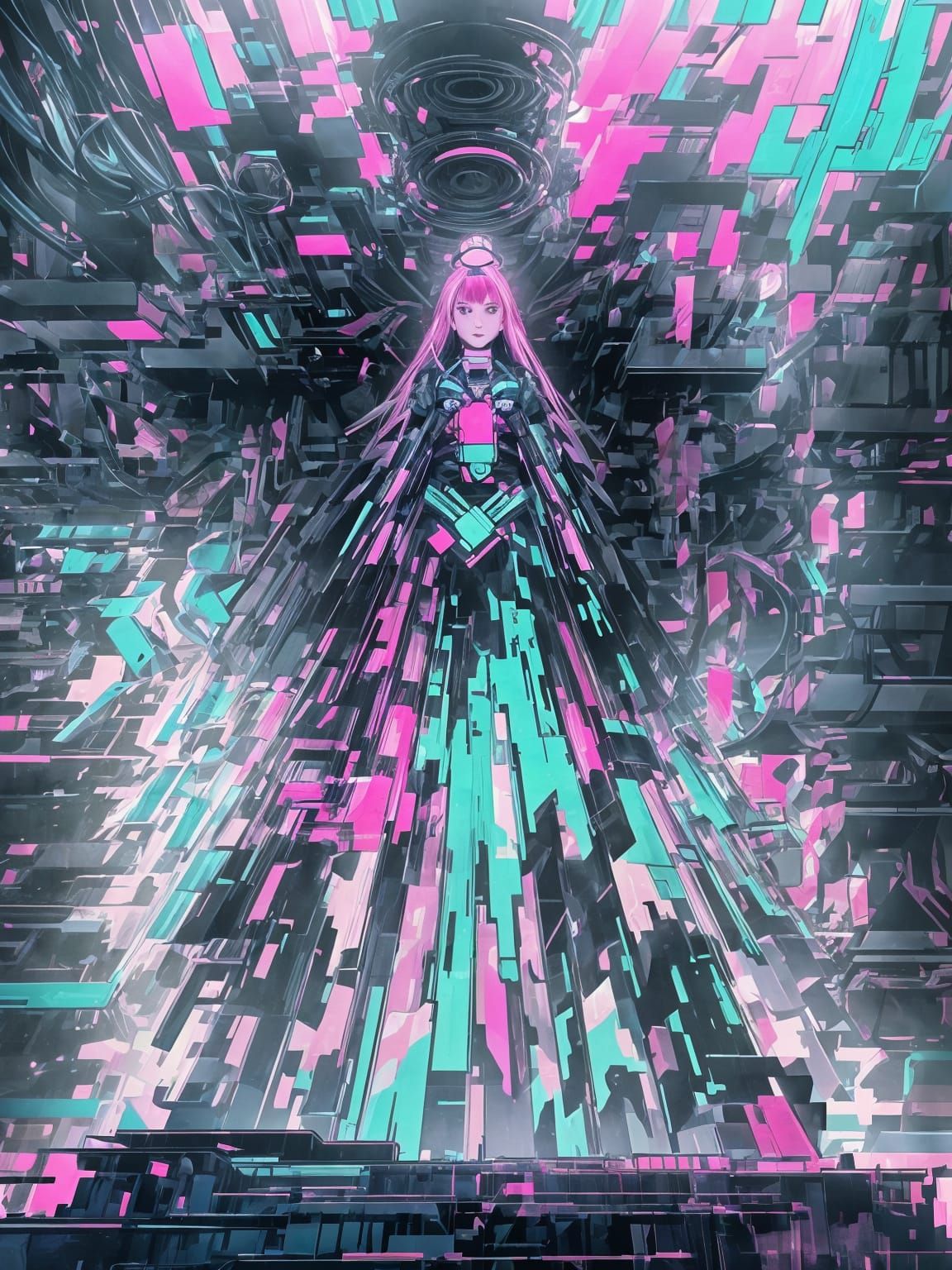 Cyberpunk Anime Heroine in a Neon Library