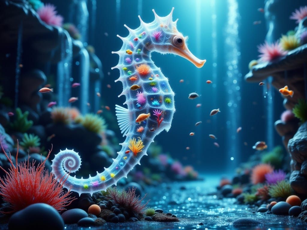 Mystical Seahorse in a Glowing Coral Grotto