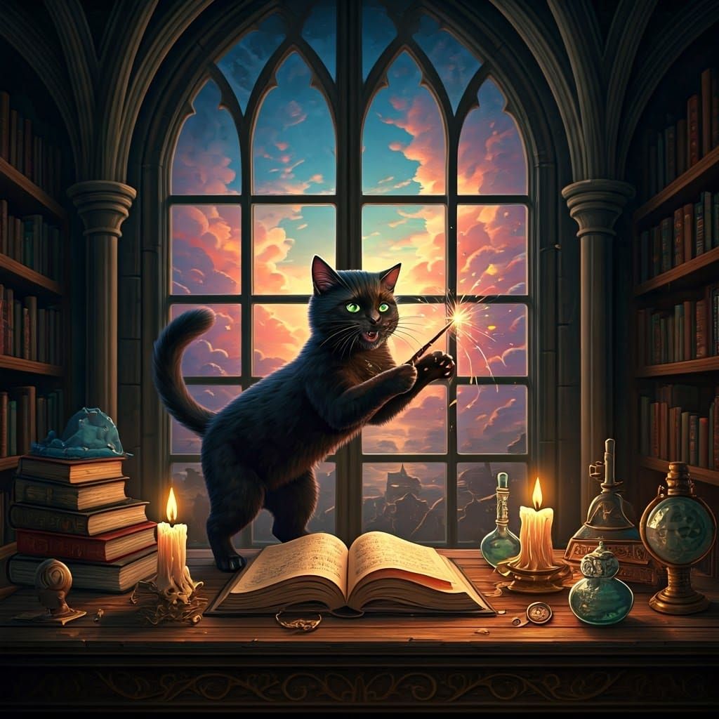 Magical Cat with Wand in Digital Matte Painting Style