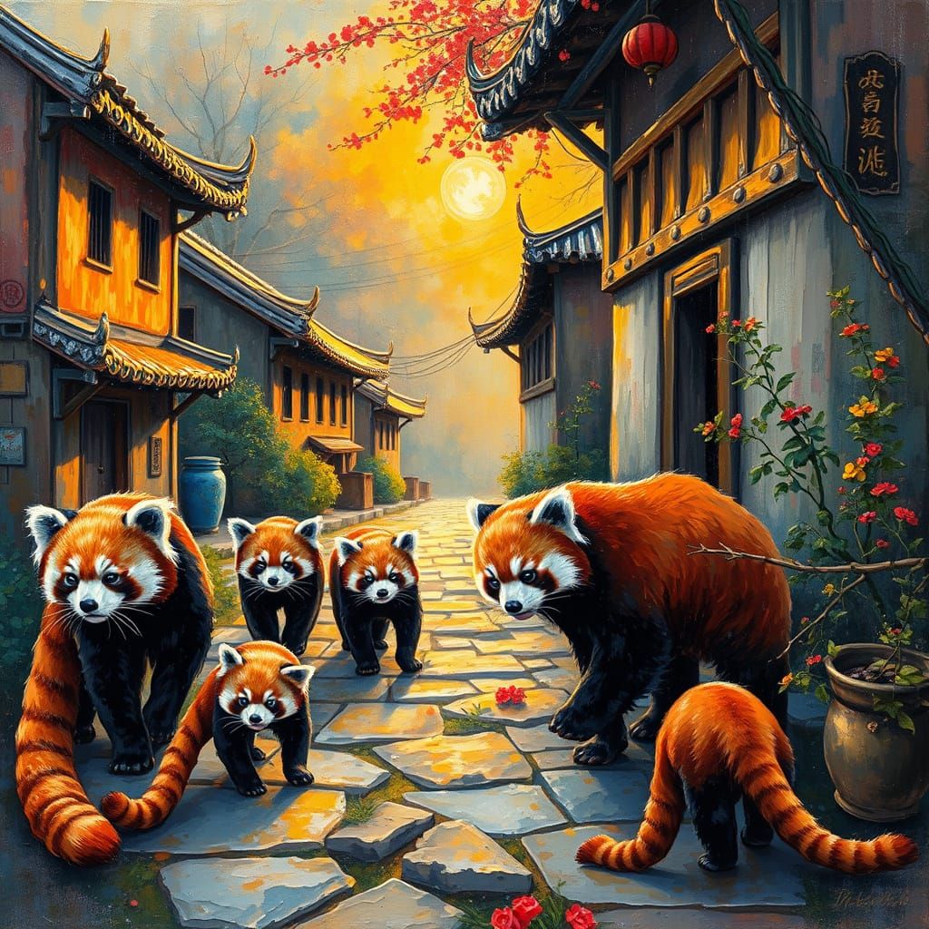 Red Pandas Explore Chinese Village in Neo-Impressionist Styl...