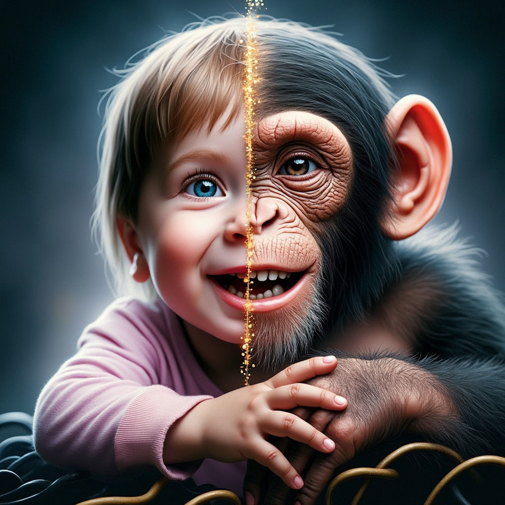 Chimpanzee and Child Siamese Twins in Photorealistic Style