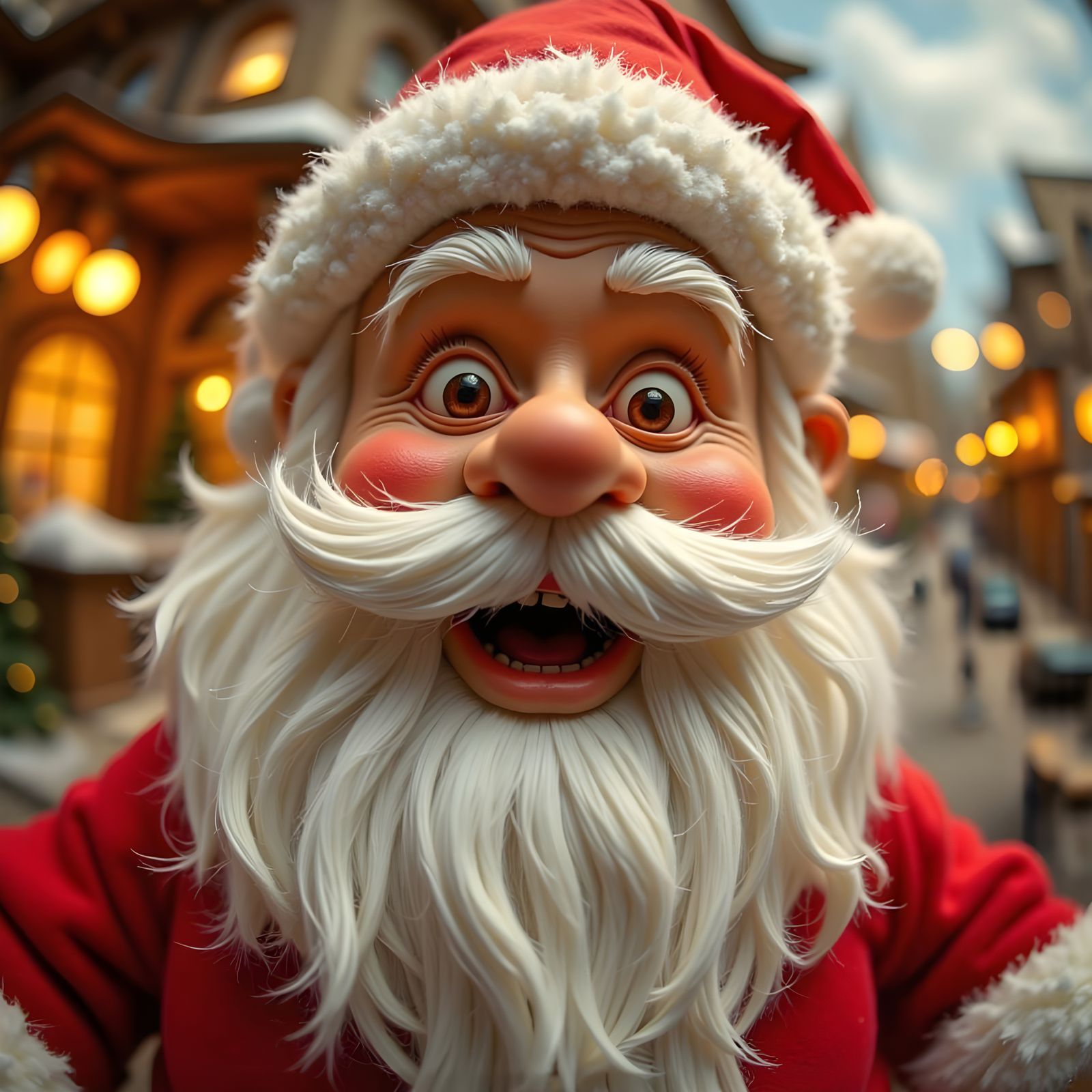 Claymation Santa Claus Winks Close-Up in Fisheye View