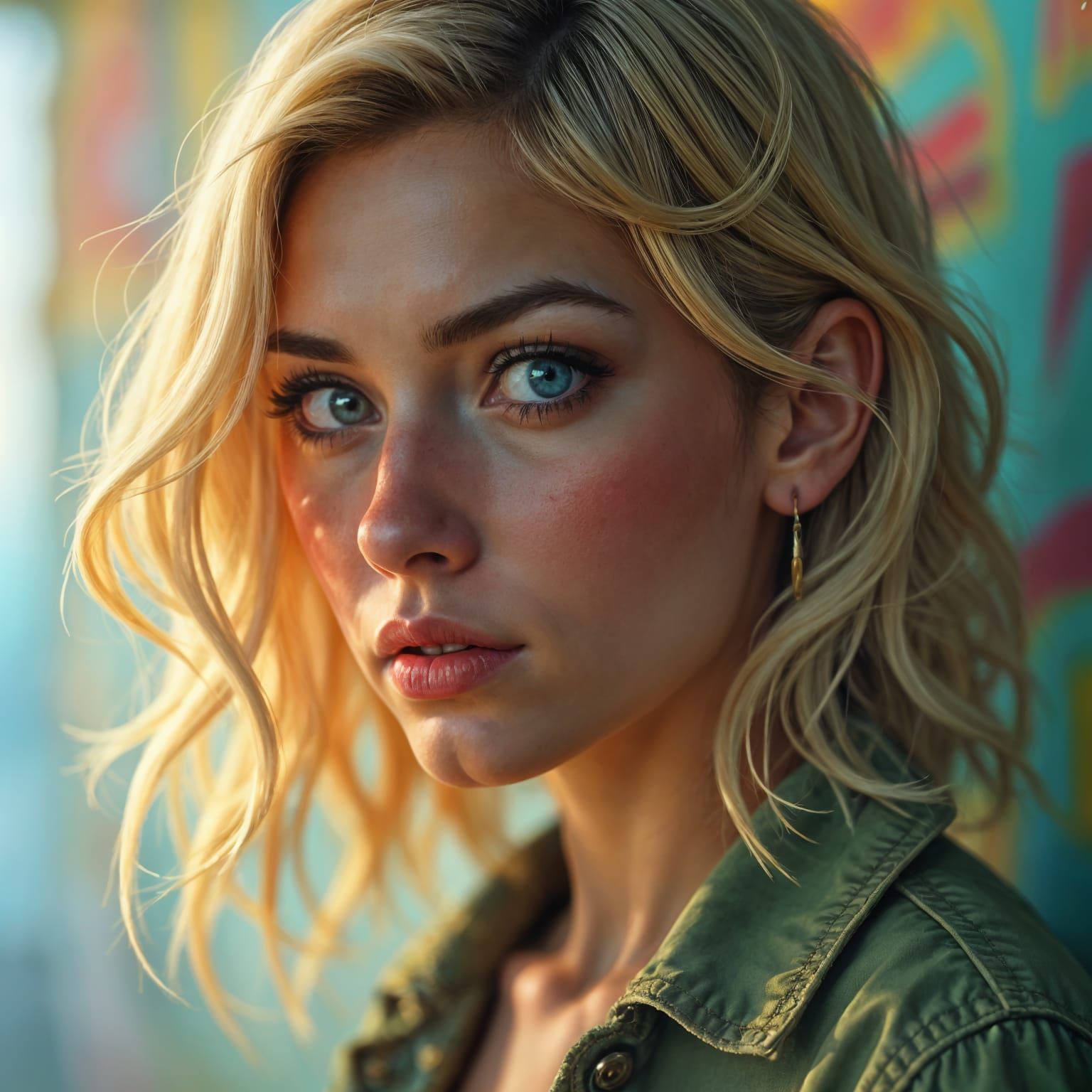 Hyperrealistic Portrait of a Blonde Woman in Vibrant Colors