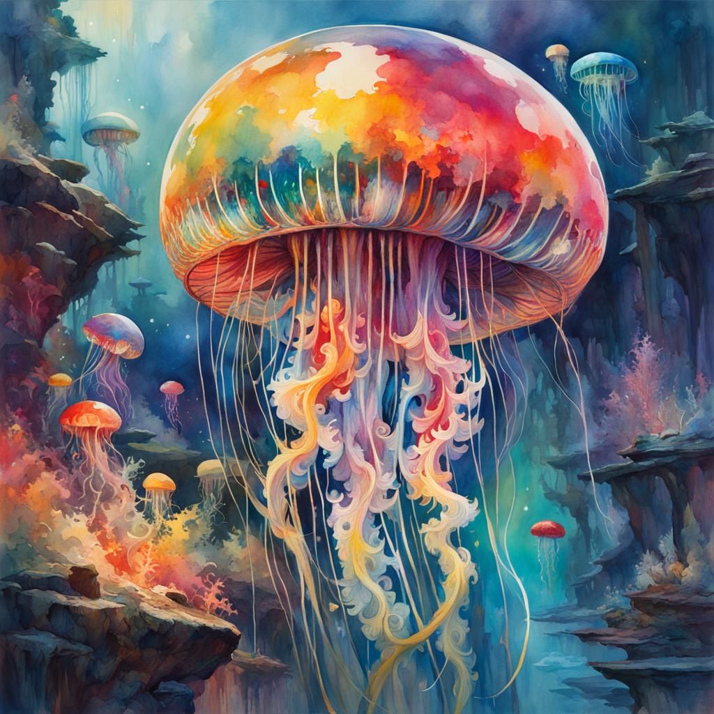 Multicoloured Jellyfish in Hyperdetailed Watercolour Fantasy