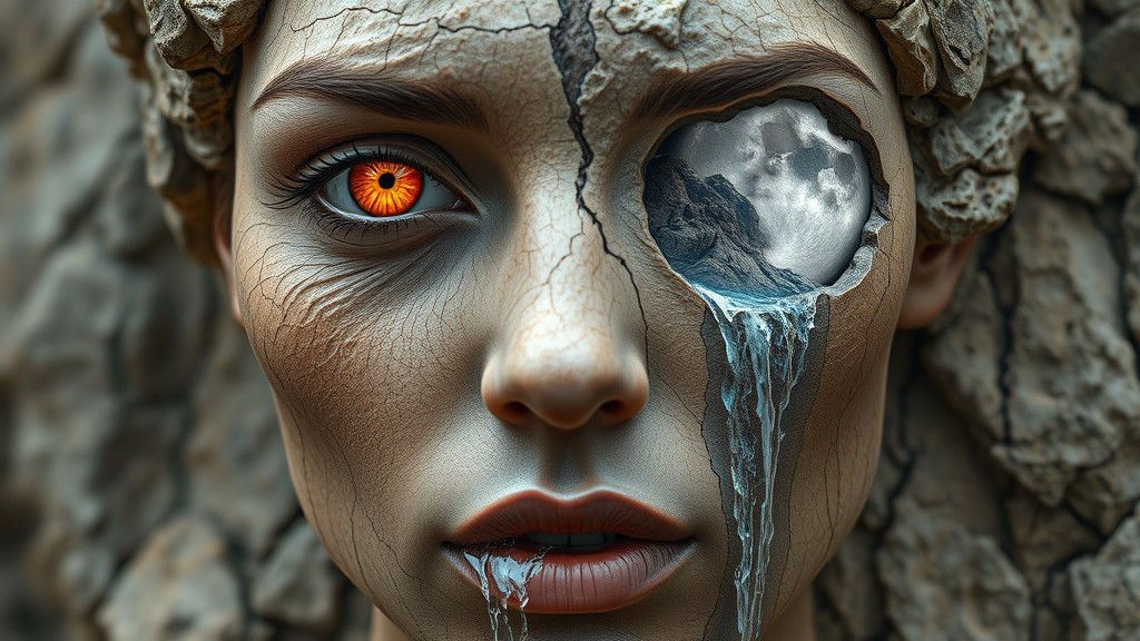 Surreal Stone Woman with Sun and Moon Eyes