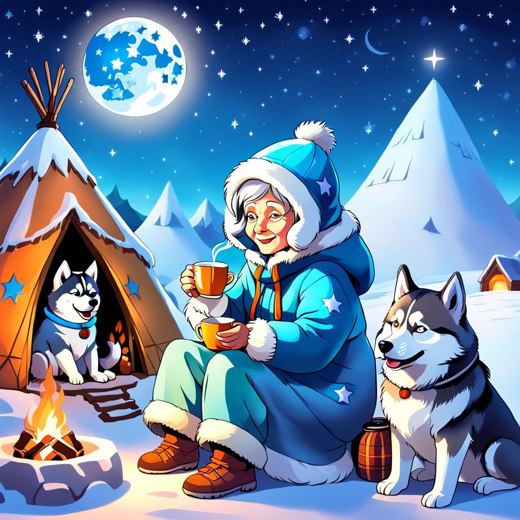 Eskimo Granny and Husky under Polar Night Sky