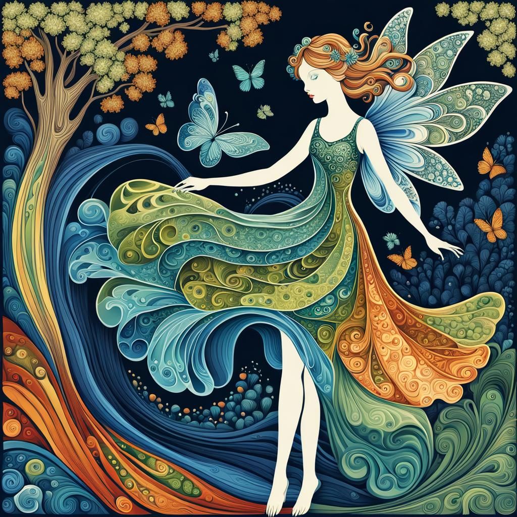 Fairy in Woods with Abstract Linocut Elements