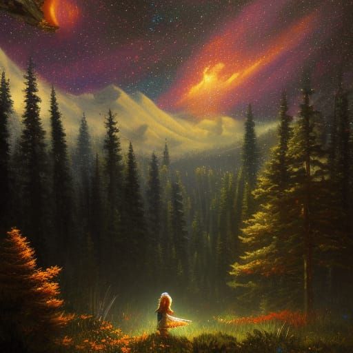 Starry Night Over Mountain Meadow: Gothic Oil Painting