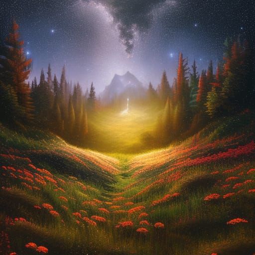 Starry Night Over a Gothic Flower Meadow