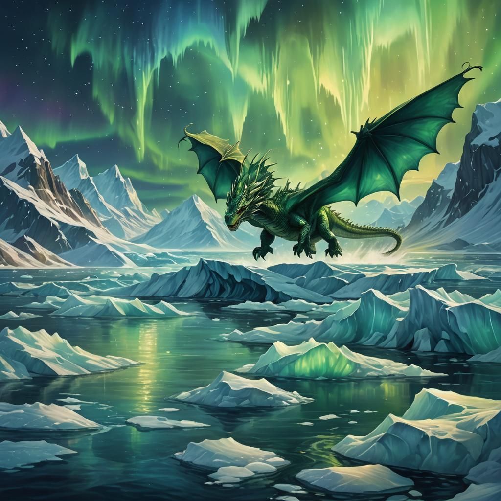 Icy Ocean Dragon in Northern Lights: Digital Painting
