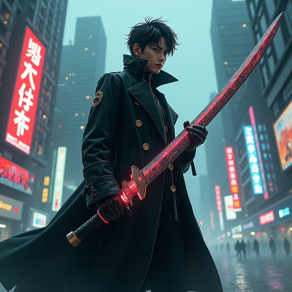 Cyberpunk Gojo with Neon Katana in Dystopian City
