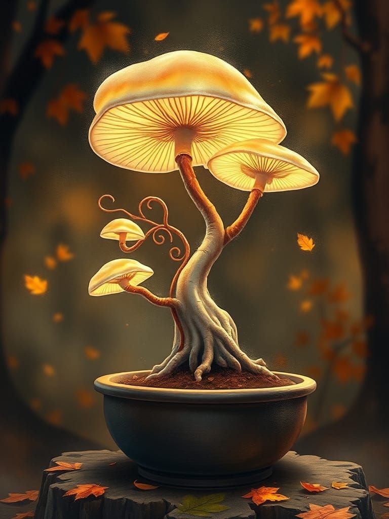 Ethereal Biomorphic Bonsai Mushroom in Watercolor Style