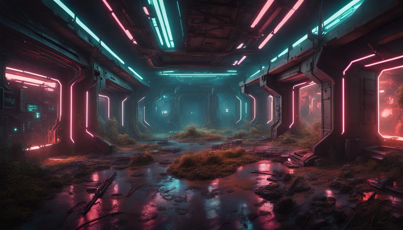 Futuristic Cyberpunk Bunker in Neon Lit Forest