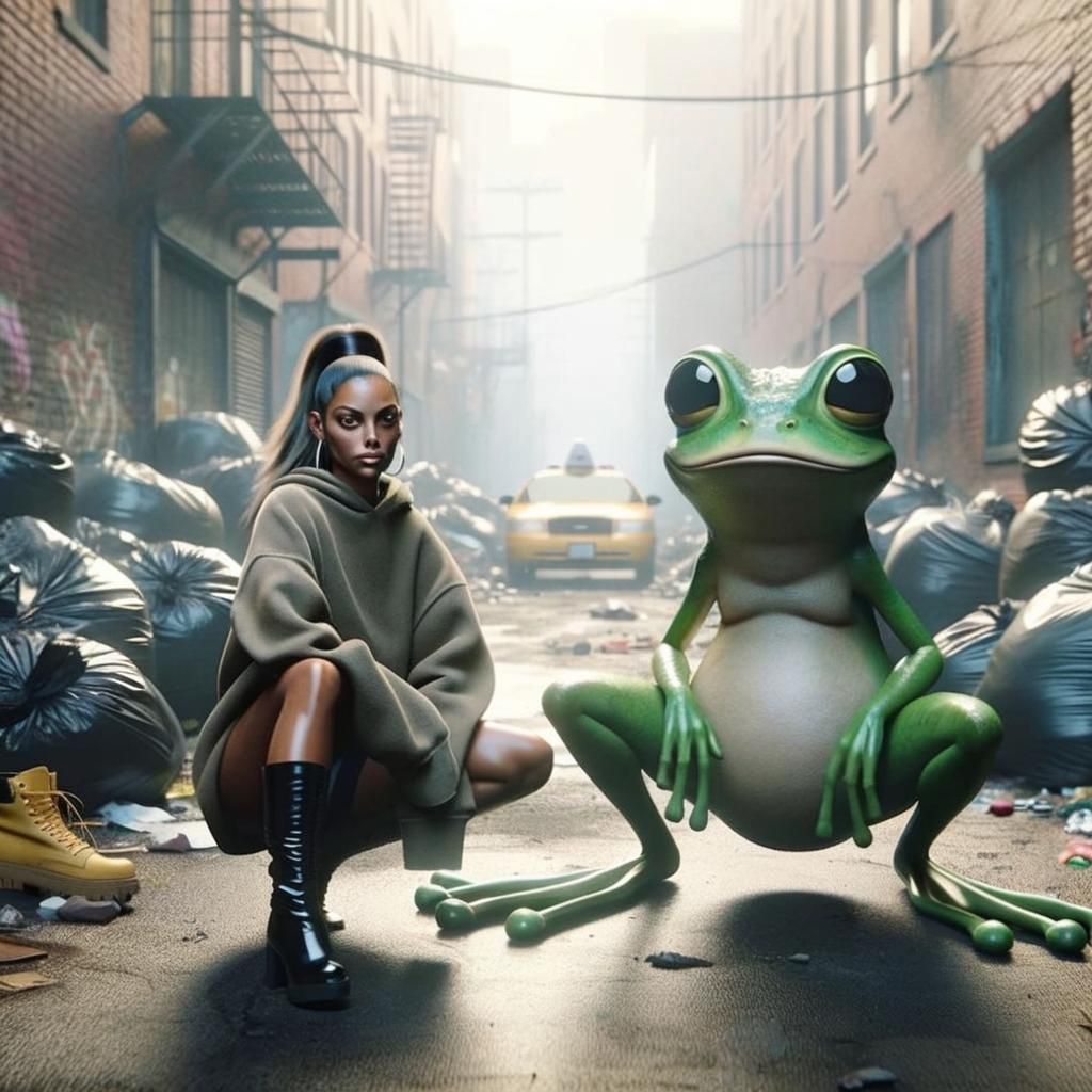 Cartoon Frog and Diva in Gritty Urban Alley