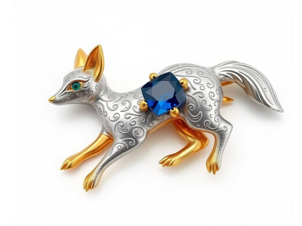 Luxurious Fox-Shaped Brooch in Silver, Gold, and Sapphire