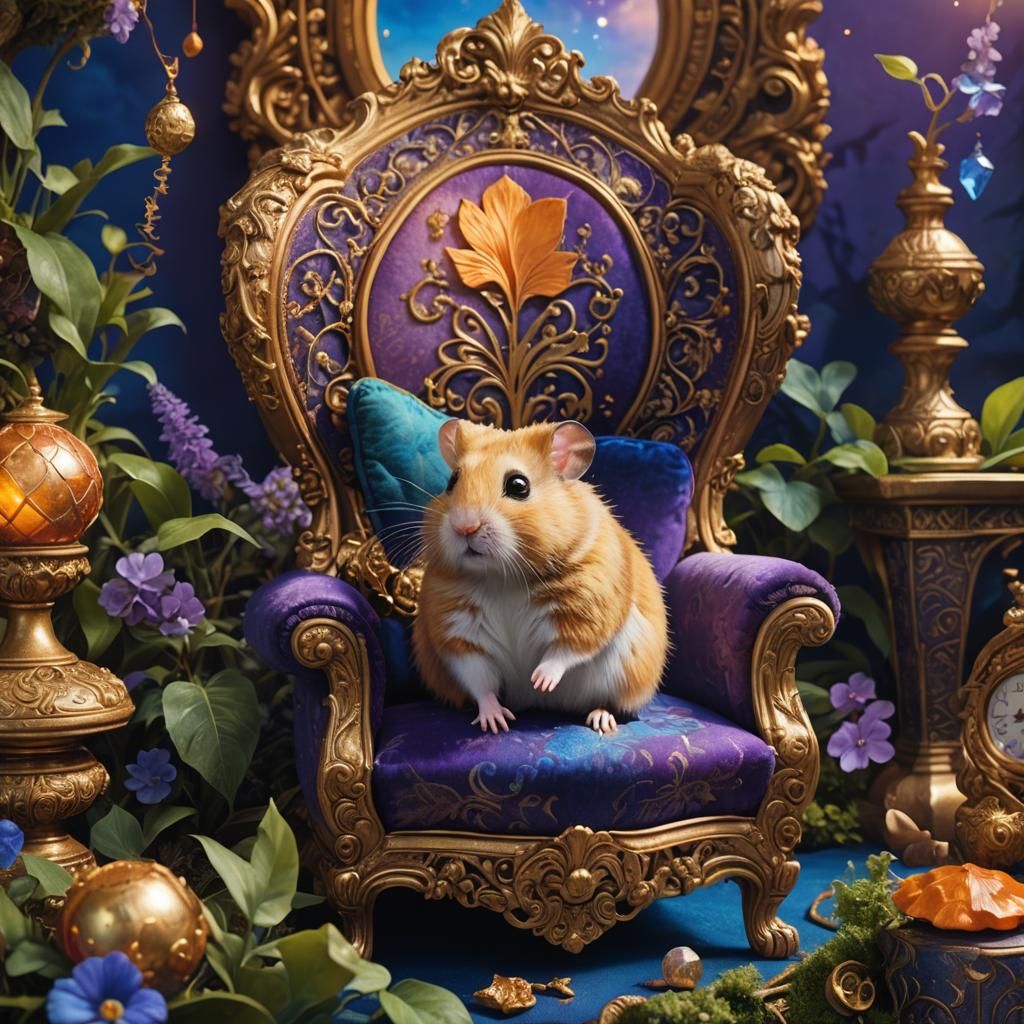 Hamster King in Ornate Golden Armchair